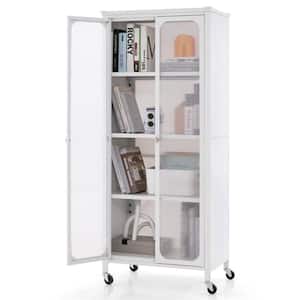 White 58 in. Accent Cabinet with Wheels and 2 Translucent Doors Adjustable Shelves Sideboard