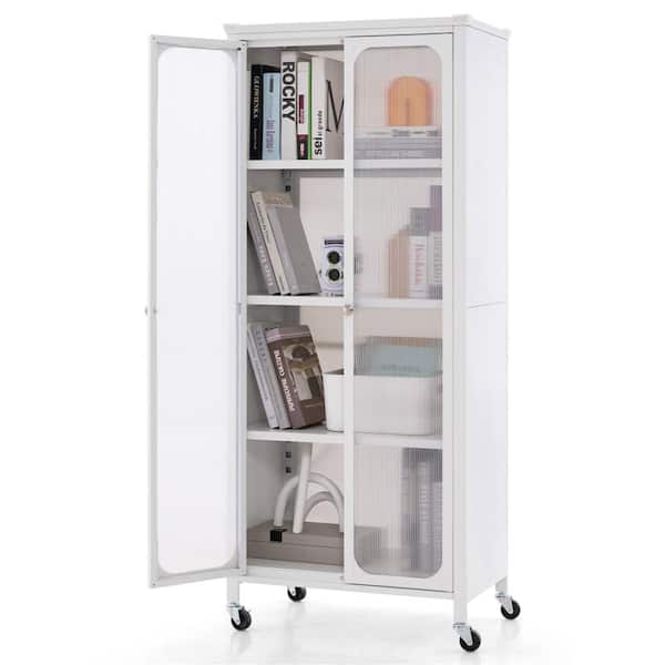Costway White 58 in. Accent Cabinet with Wheels and 2 Translucent Doors Adjustable Shelves Sideboard