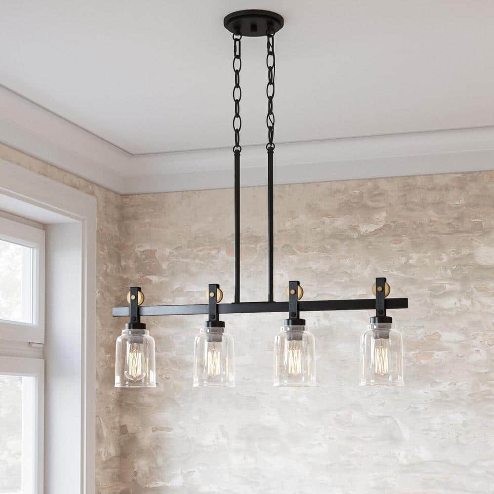 Knollwood 4-Light Antique Bronze Linear Chandelier with Vintage Brass Accents and Clear Glass Shades price history on PriceWatchPro