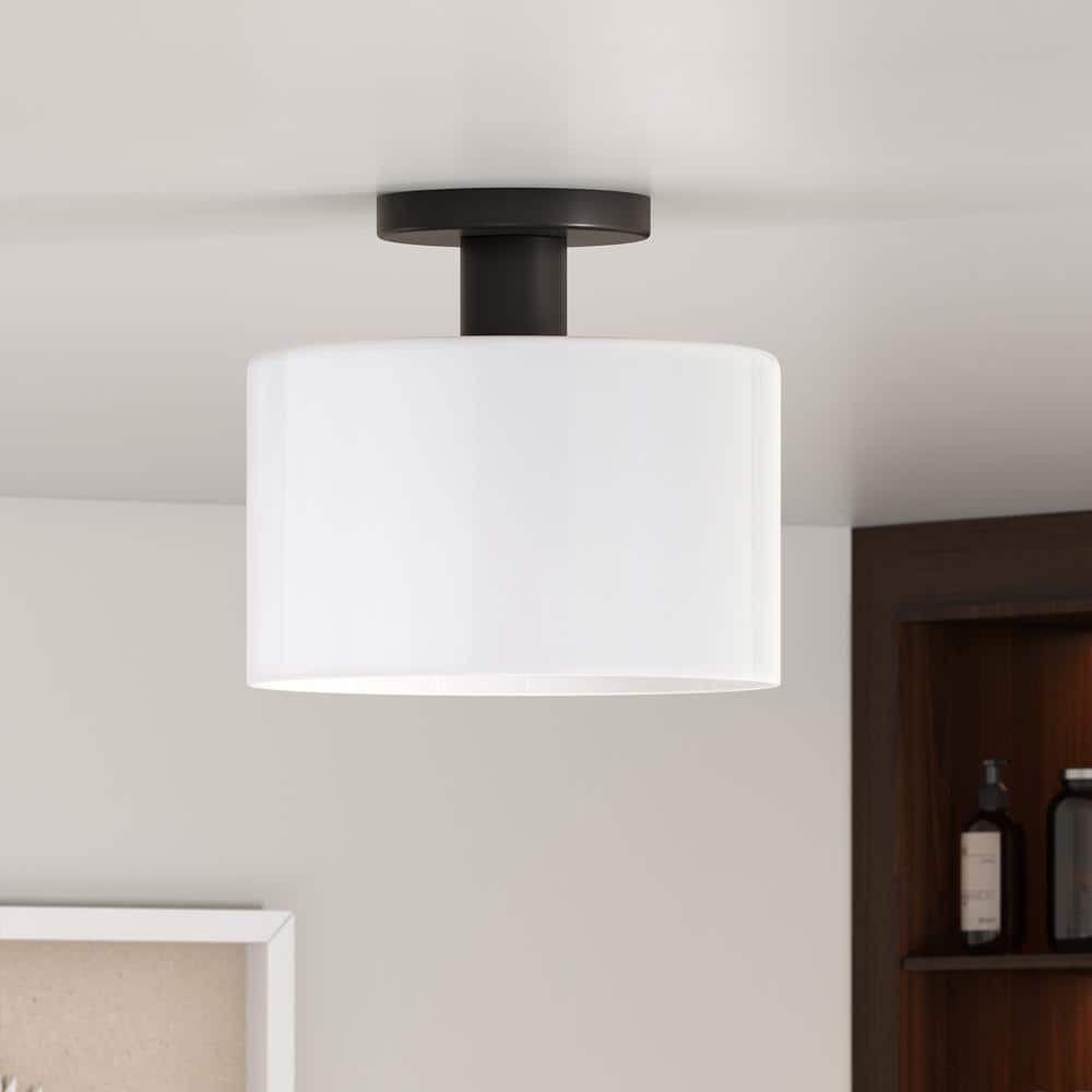 Henri 10" Matte Black Semi Flush Mount with White Glass Drum Shade