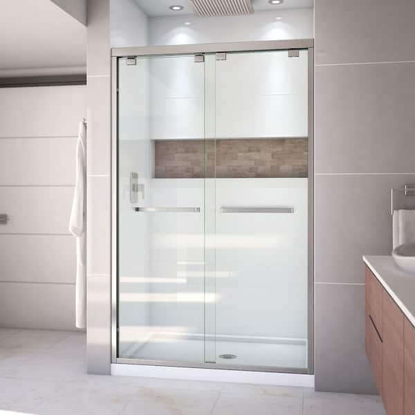 DreamLine Encore 34 in. D x 48 in. W x 78.75 in. H Semi-Frameless Sliding Shower Door in Brushed Nickel with White Base