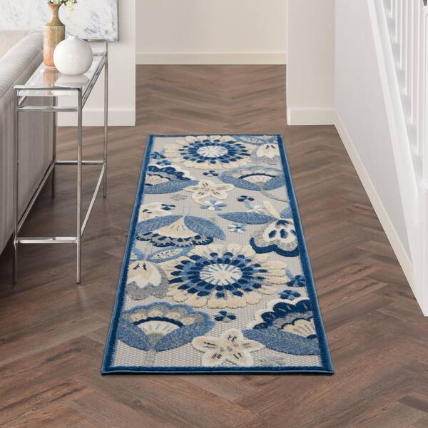 Aloha Blue/Gray 2 ft. x 8 ft. Kitchen Runner Floral Contemporary Indoor/Outdoor Patio Area Rug