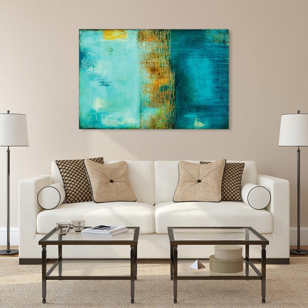 Castle Court Abstract Expressionism Blue and Orange Glass Wall Art, 32" x 48"