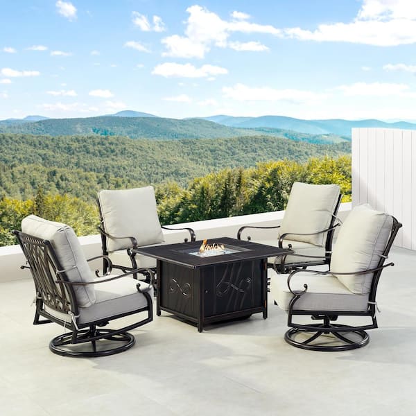 Oakland Living Black Aluminum Fire Table Set with 4-Club Chairs