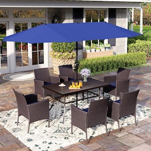 Black 8-Piece Metal Patio Outdoor Dining Set with Rectangle Table, Blue Umbrella and Rattan Chairs with Blue Cushion