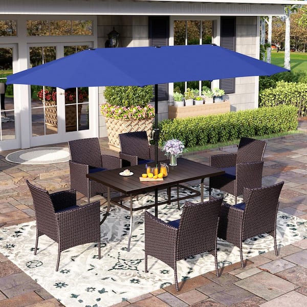 PHI VILLA Black 8-Piece Metal Patio Outdoor Dining Set with Rectangle Table, Blue Umbrella and Rattan Chairs with Blue Cushion