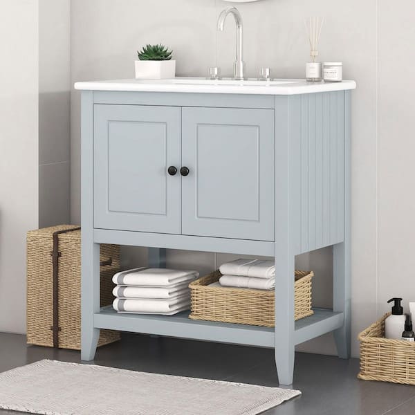 30 in. Single Sink Freestanding Gray Bath Vanity with White Ceramic Top, Open Style Shelf
