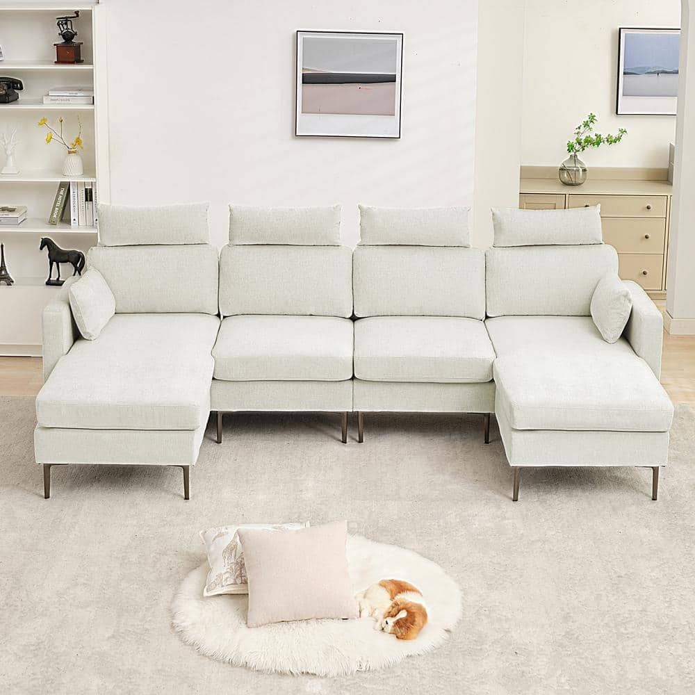 116.53 in. Square Arm Fabric U Shape Sectional Sofa with 2-Chaise Lounge and Pillow in Beige -  JEAREY, XNE-2-Beige