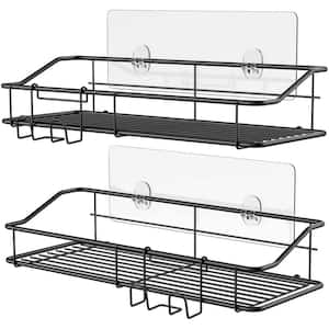 Wall Mount Adhesive Stainless Steel Shower Caddy Shelf with Hooks in Black, 2-Pack