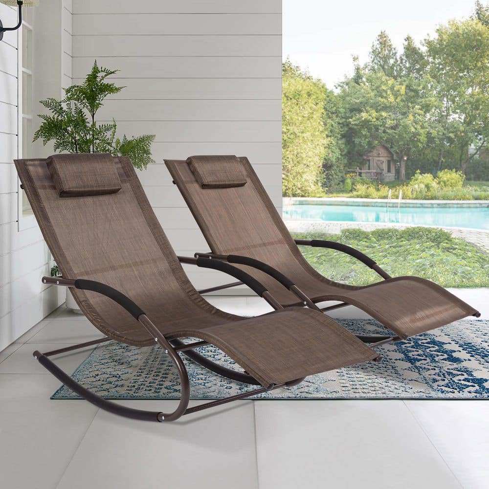 Brown Steel Frame Chaise Lounge with Cushions and Arms, Set of 2