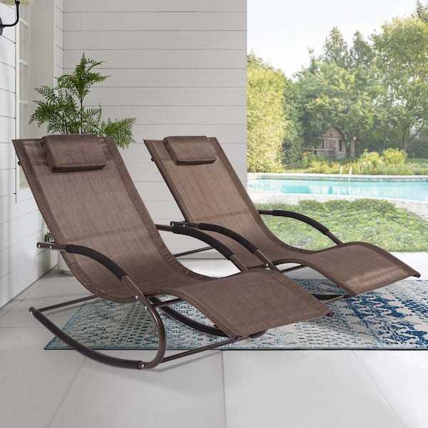 Sling Outdoor Patio Chaise Lounge with Detachable Pillow, Set of 2, Brown