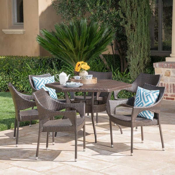 Noble House Rylee 30 in. Multi-Brown 7-Piece Metal Hexagonal Outdoor Dining Set