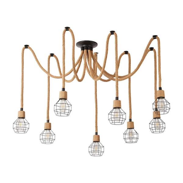 8-Light Jute Rope Industrial Pendant Light with Black Metal Wire Cages, No Bulbs Included