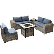 Tahoe Grey 7-Piece Wicker Wide Arm Outdoor Patio Conversation Sofa Set with a Fire Pit and Denim Blue Cushions