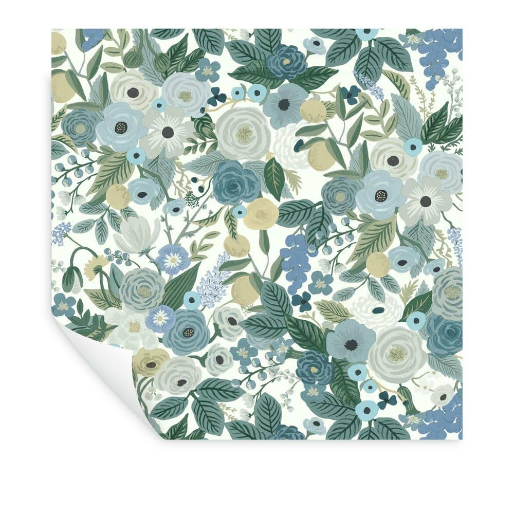 Blue Floral Self-Adhesive Removable Grasscloth Wallpaper Roll