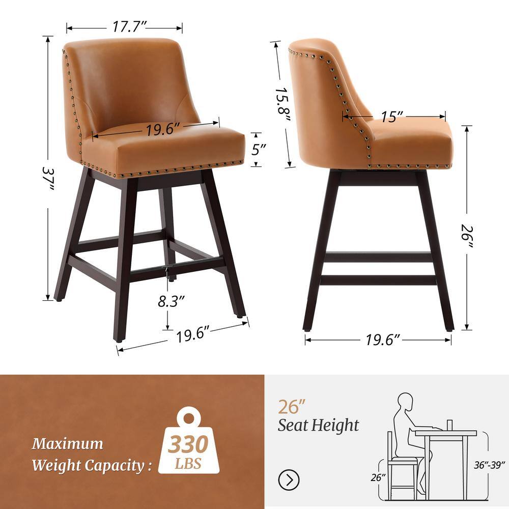 26'' Yellowish-Brown Swivel Counter Stools with Faux Leather and Wood Legs, Set of 6