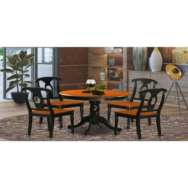 East West Furniture 5-Piece Round Black Finish Solid Wood Top Dining table with 4-Chairs with Lattice Back