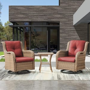 Carolina 3-Piece Yellow/Natural Wicker Swivel Rocking Chair Set Patio Conversation Set Deep Seating with Red Cushions