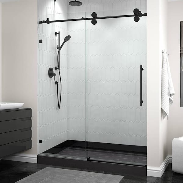 ANGELES HOME 56-60 in. W x 76 in. H Sliding Frameless Shower Door in Matte Black with Clear Tempred Glass,Stainless Steel Hardware
