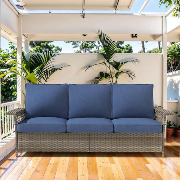 1-Piece Wicker Outdoor Couch with Blue Cushions