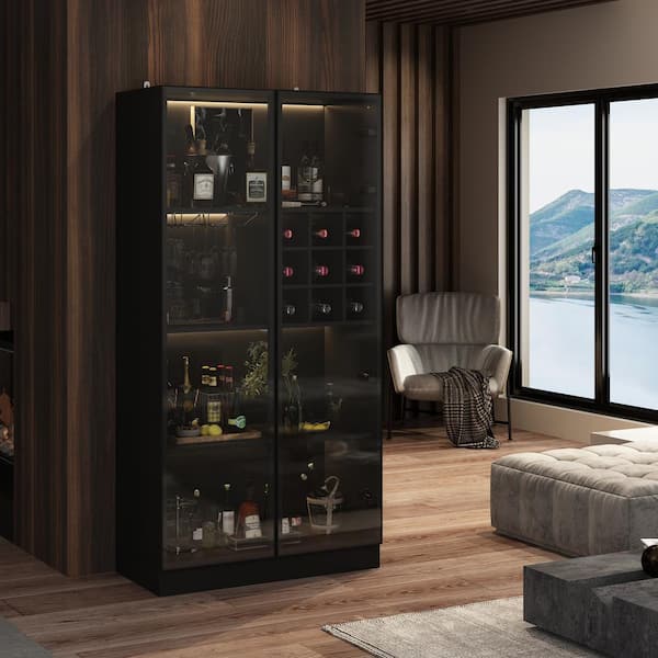 Black Wood Display Cabinet With Tempered Glass Doors and 3-Color LED Lights