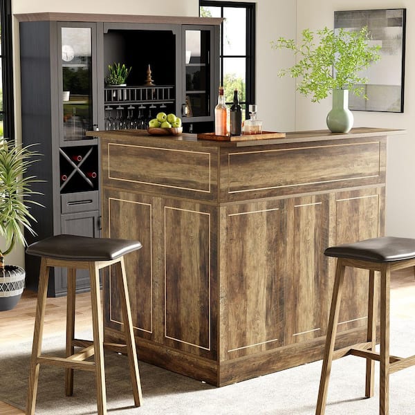 Kearsten Rustic Brown 51.1 in. W Bar Cabinet, 4-Tier L-Shaped Home Mini Bar Table Corner Bar Unit for with Stemware Rack