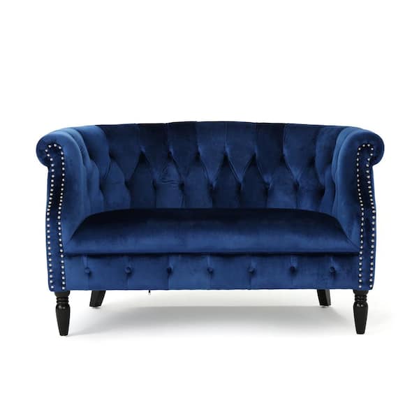 Noble House Milani 51.5 in. Navy Blue Tufted Velvet 2-Seater Loveseat with Nailheads