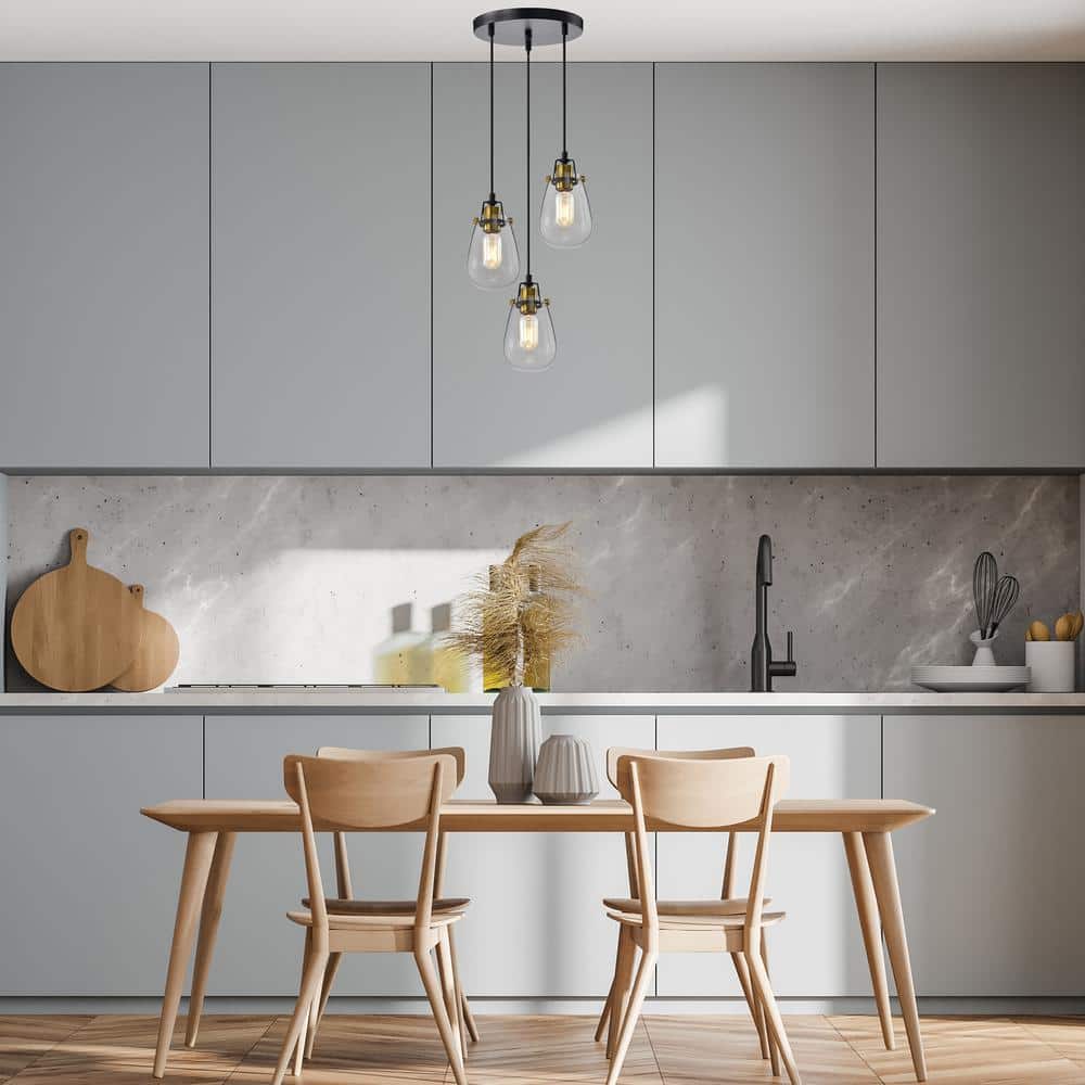 Modern Black and Gold 3-Light Pendant with Clear Glass Shades