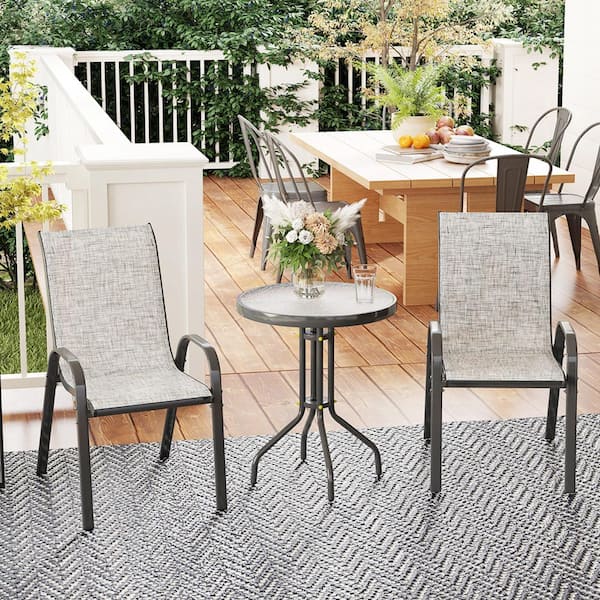 Outsunny 3 Piece Steel Outdoor Bistro Set, Patio Furniture with Stackable Chairs and Glass Table, Gray
