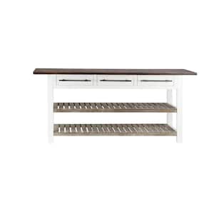 71 in. White Rectangle Wood Kitchen Island Style 3 Drawers and 2 Shelves Console Table with Extra Long Dark Brown Top