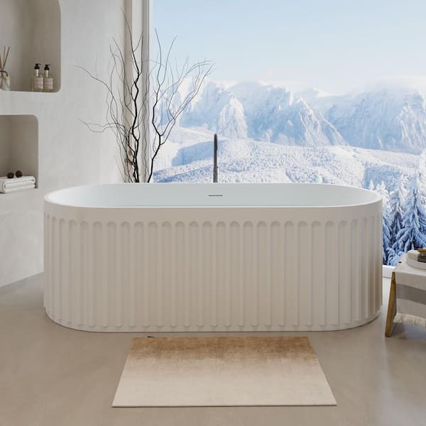 67 in. x 29.5 in. Freestanding Solid Surface Resin Stone Soaking Bathtub with Drain and Overflow in Matte White