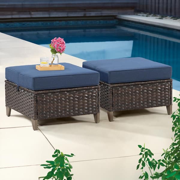 Wicker Outdoor Patio Ottoman with Navy Blue Cushions (Set of 2)