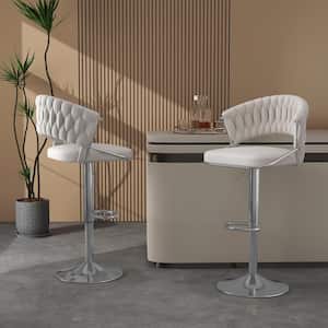 43.14 in. Modern Ivory Low Back Silver Metal Frame Adjustable Height Swivel Bar Stool with Velvet Seat (Set of 2)
