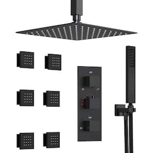 Anti Scald Shower Trims and Valve 5-Spray Ceiling Mount 12 in. Fixed and Handheld Shower Head 2.5 GPM in Matte Black