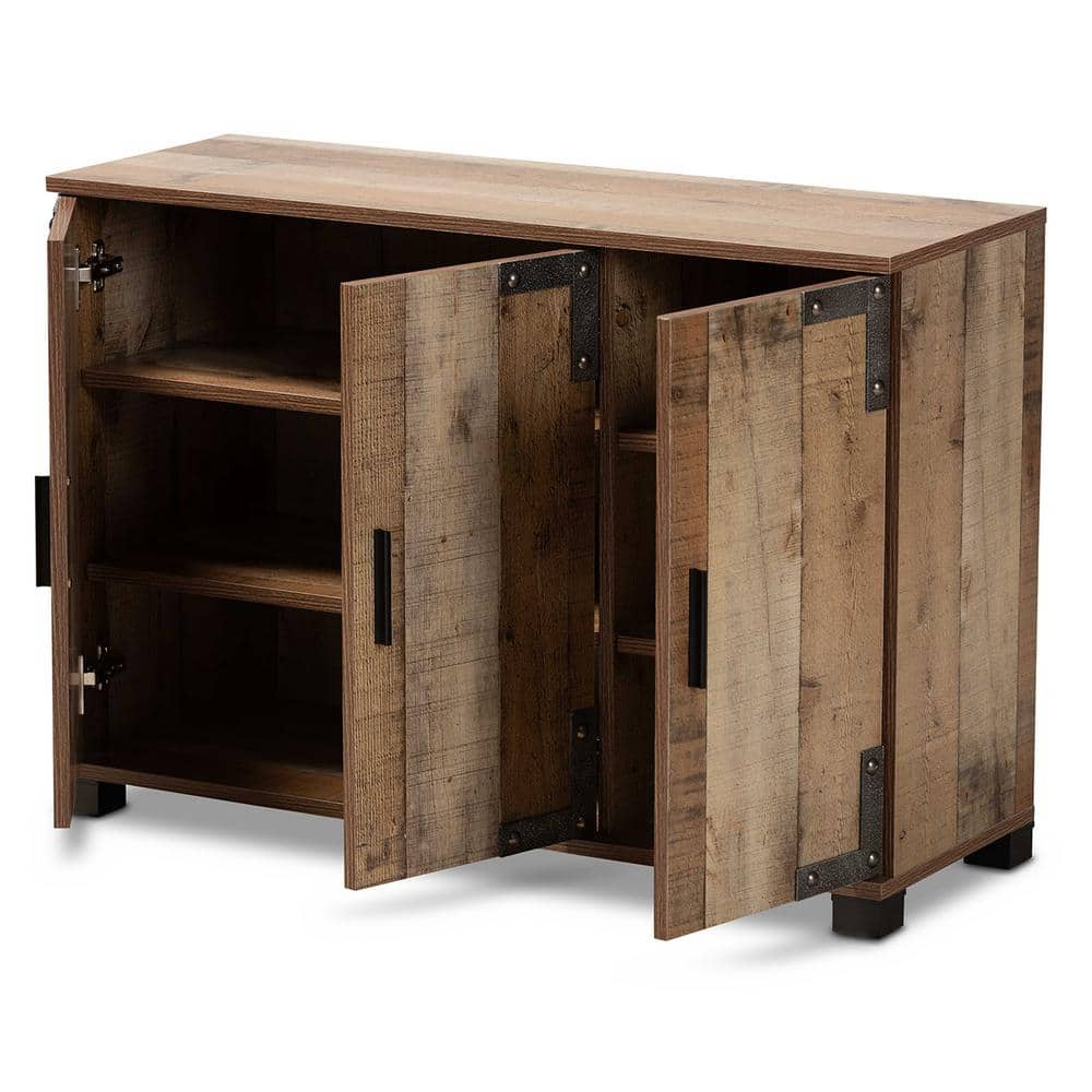 Rustic Brown Wood 3-Door Shoe Cabinet with Metal Accents
