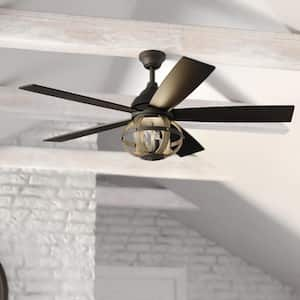 Huron 52 in. W Indoor Black Ceiling Fan with Remote and Burnished Teak Farmhouse LED Cage Light Kit and