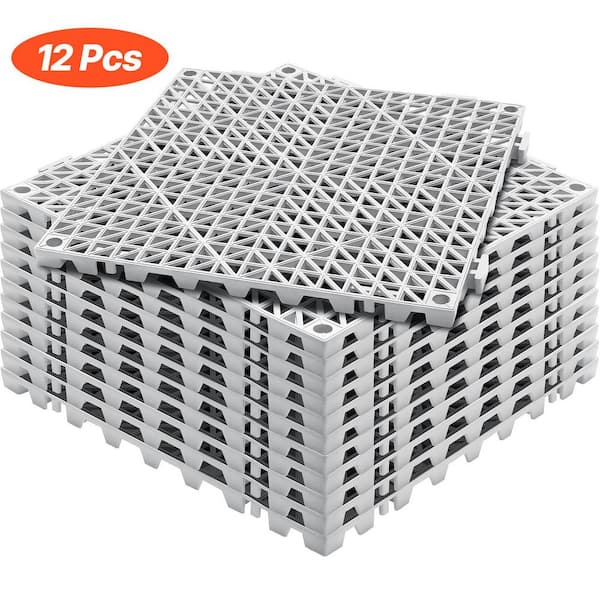 VEVOR Interlocking Drainage Mat Tiles 12 x 12 x 0.6 in. PVC Modular Interlocking Gym Flooring Tiles (Gray 12 Pcs,12 sq ft)