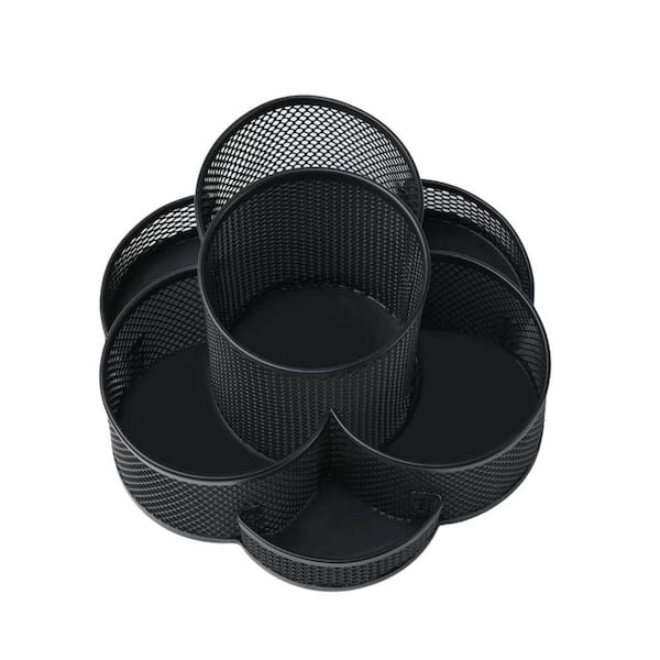 Black Metal Mesh 360 Rotating Pen Holder, 7 Compartments Desk Organizer for Office and Home Use 6.81 in. x 11.22 in.