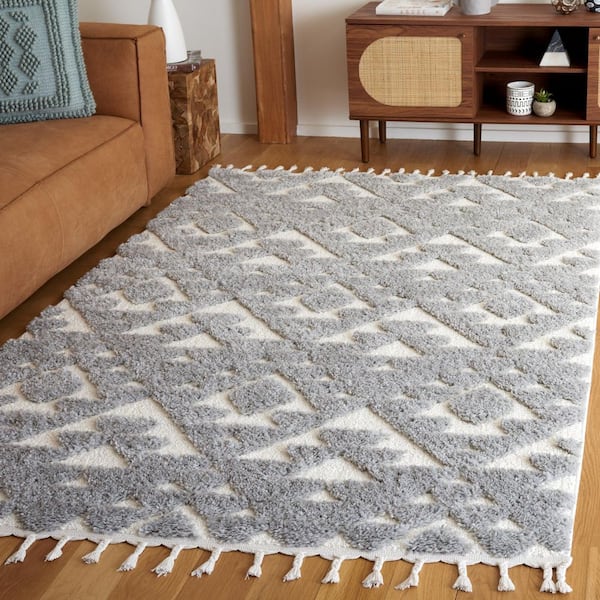 Moroccan Tassel Shag 7 ft. x 9 ft. Gray/Ivory High-Low Geometric Fringe Area Rug