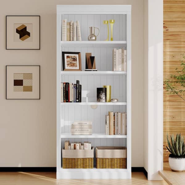 Harper & Bright Designs White 83.4 in. Tall Wood Home Office 5-Shelf Standard Bookcase with Adjustable Shelves