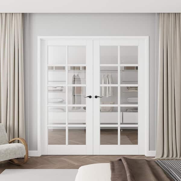 72 in. x 80 in. 10-Lite Clear Glass Universal White Solid Core Glass Double Prehung French Door + Quick Assemble Jamb