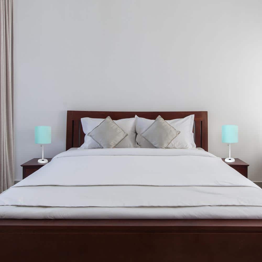 19.5" White Stick Table Lamp Set with Aqua Fabric Shades