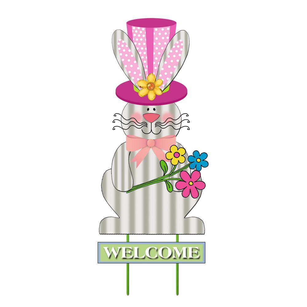 31.5 in. Metal Easter Welcome Bunny Garden Stake with Pink Hat