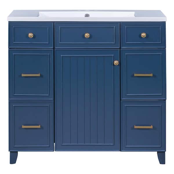 Nivencai 36 in. W x 18 in. D x 34.3 in. H Single Sink Freestanding Bath Vanity in Navy Blue with White Resin Top and 3-Drawers