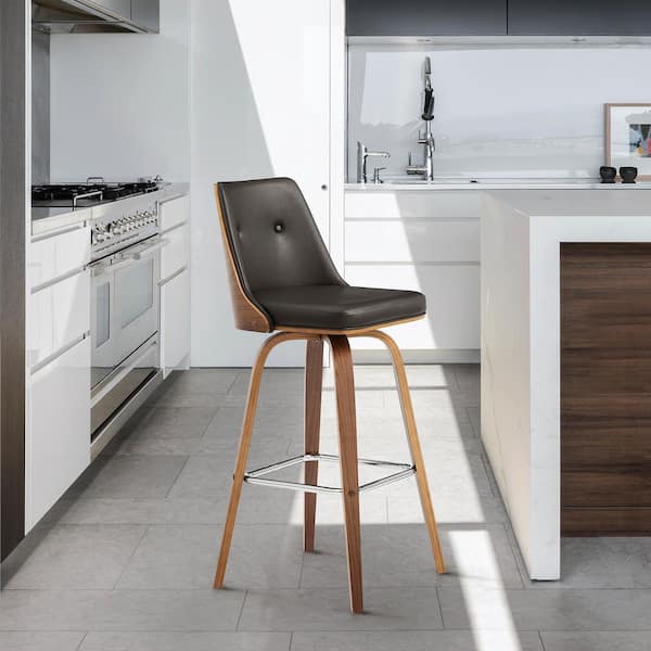 Armen Living Nolte 26 in Counter Height Swivel Stool w/ High Back Brown Faux Leather and Walnut Wood Finish