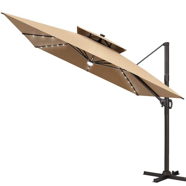 Pellebant Double Top 11 ft. 360° Rotation Cantilever Patio Umbrella with LED Lights, Square Canopy in Tan