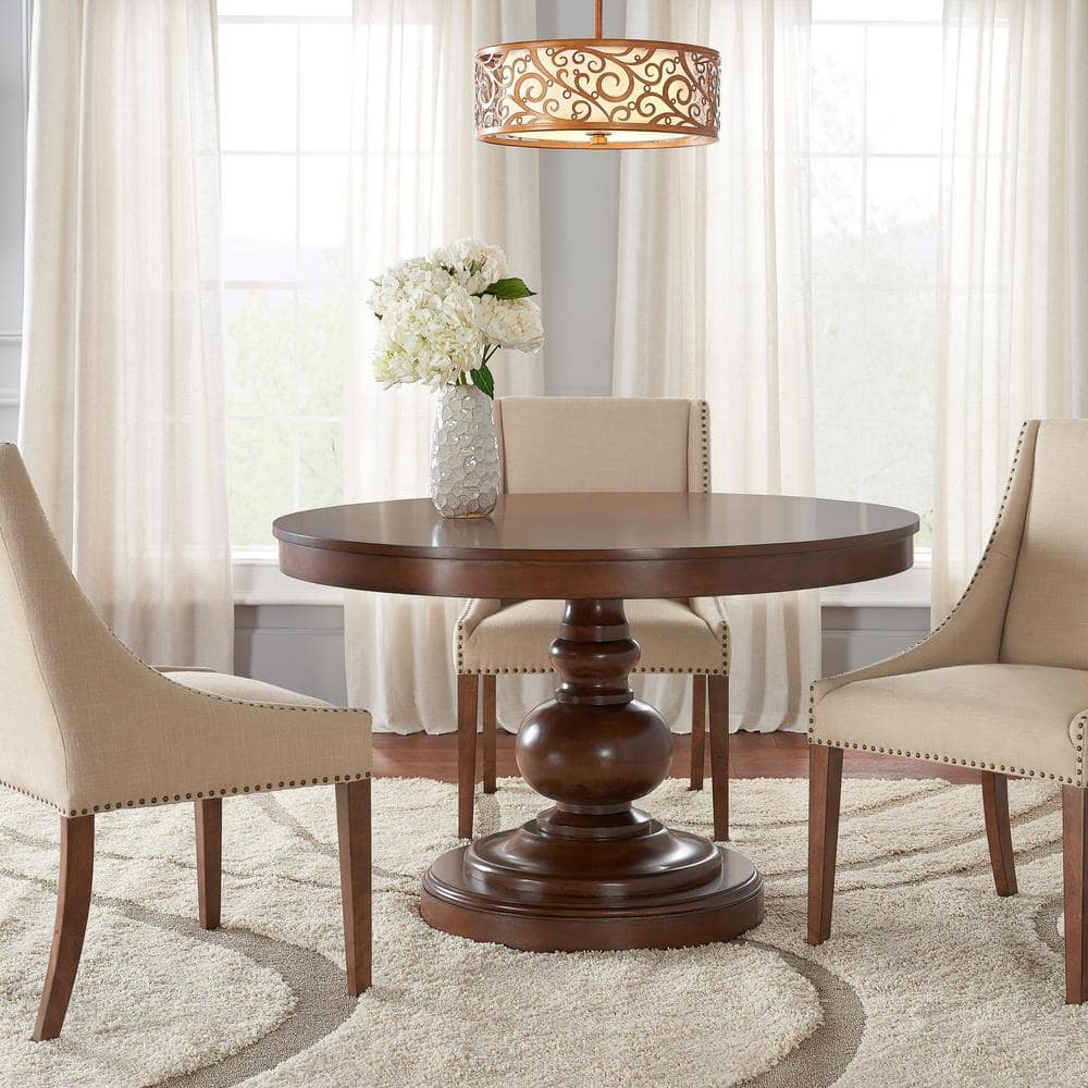 Home Decorators Collection Greymont Walnut Brown Finish Round Pedestal Dining Table for 6 47.6 in. L x 29.8 in. H T 11 The Home Depot