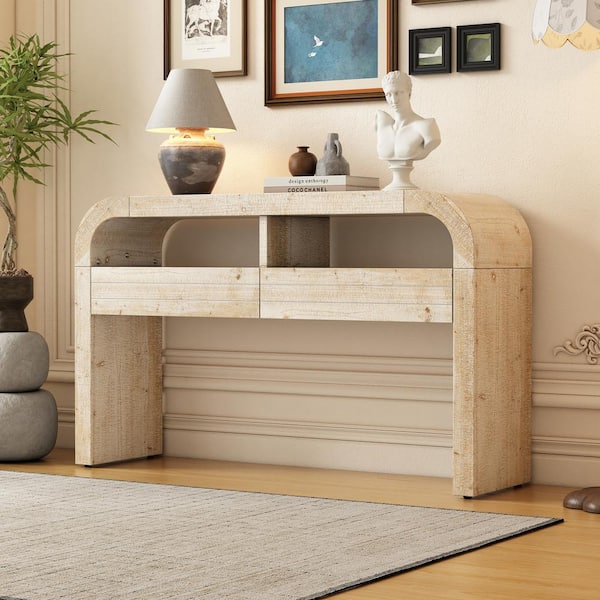 Harper & Bright Designs 52 in. Natural Wood Wash Curved Edges(Specialty) Dust Paint Wood Console Table with Open Shelves and 2 Drawers