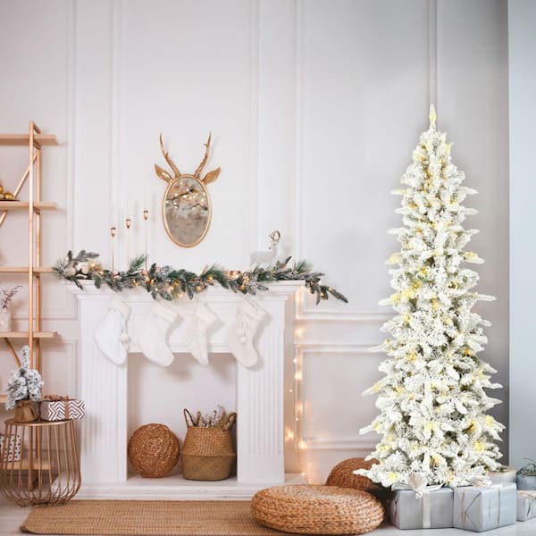 Fraser Hill Farm 6.5 ft. Pre-Lit Flocked Slim Mountain Pine