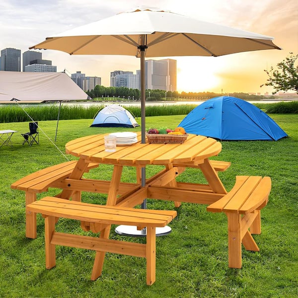 Cesicia 8 Person Round Natural Wood 27.55 in. H Outdoor Dining Table with Seat